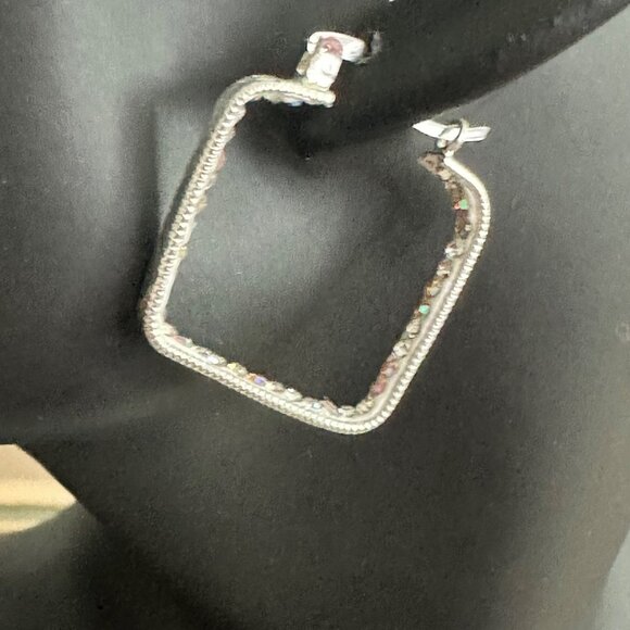 Sterling Silver 925 Square Hoop Earrings With Zircon Accents 3MM - Picture 8 of 9